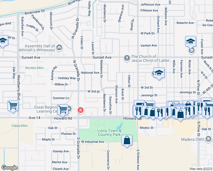 map of restaurants, bars, coffee shops, grocery stores, and more near 2409 West 3rd Street in Madera