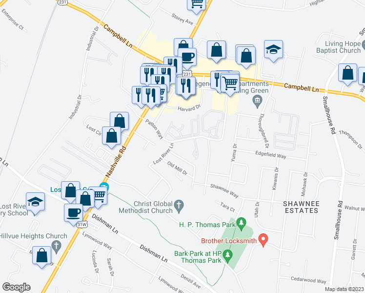 map of restaurants, bars, coffee shops, grocery stores, and more near 735 Patton Way in Bowling Green