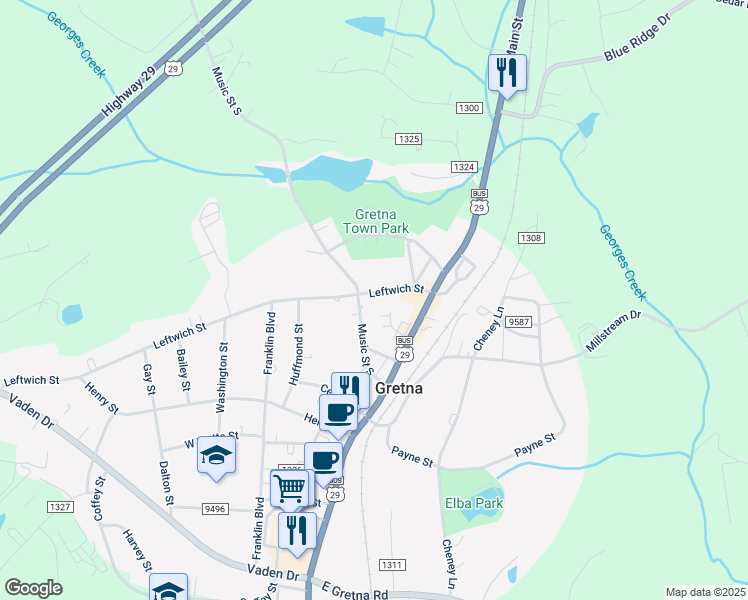 map of restaurants, bars, coffee shops, grocery stores, and more near 109 Leftwich Street in Gretna