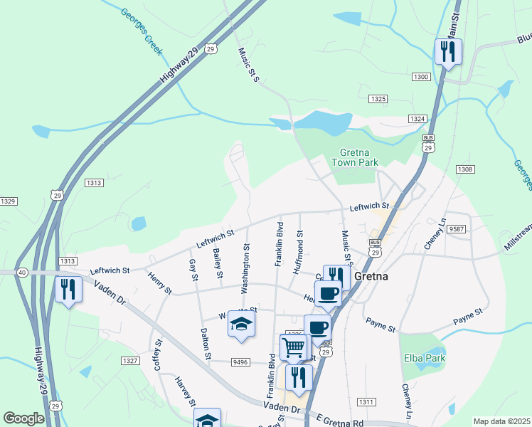 map of restaurants, bars, coffee shops, grocery stores, and more near 404 Leftwich Street in Gretna