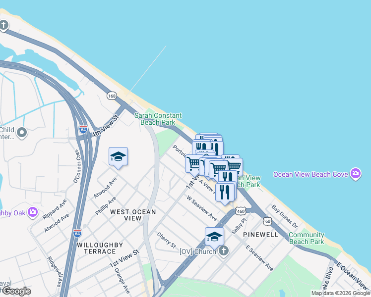 map of restaurants, bars, coffee shops, grocery stores, and more near 245 West Ocean View Avenue in Norfolk