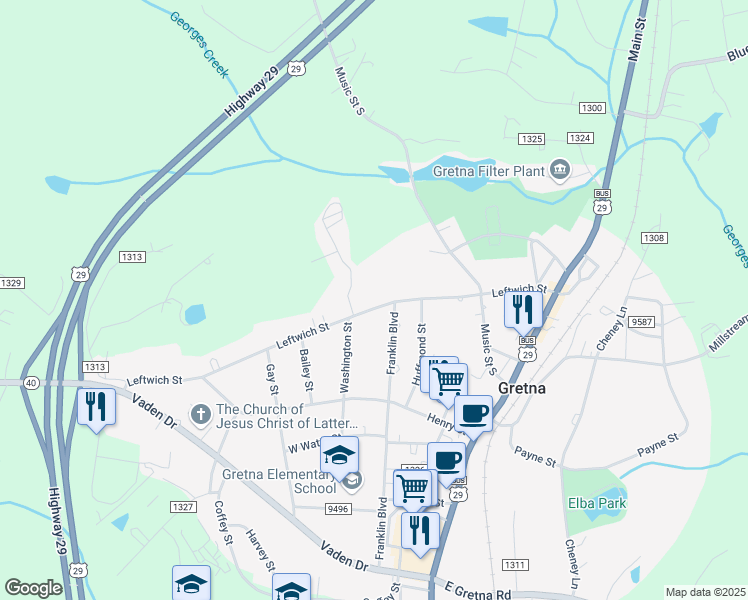 map of restaurants, bars, coffee shops, grocery stores, and more near 404 Leftwich Street in Gretna