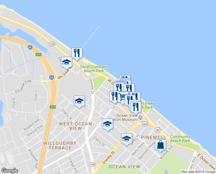 map of restaurants, bars, coffee shops, grocery stores, and more near 258 Portview Avenue in Norfolk