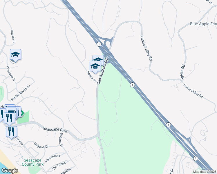 map of restaurants, bars, coffee shops, grocery stores, and more near 101 Byers Lane in La Selva Beach