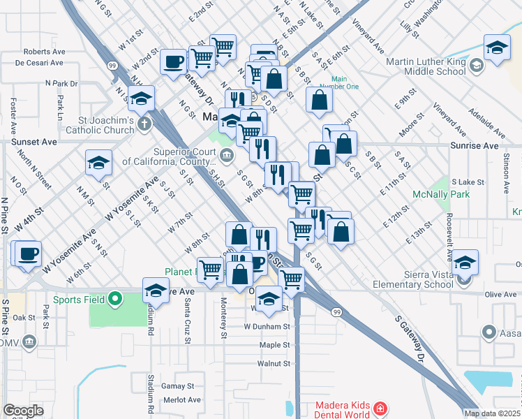 map of restaurants, bars, coffee shops, grocery stores, and more near 412 South G Street in Madera