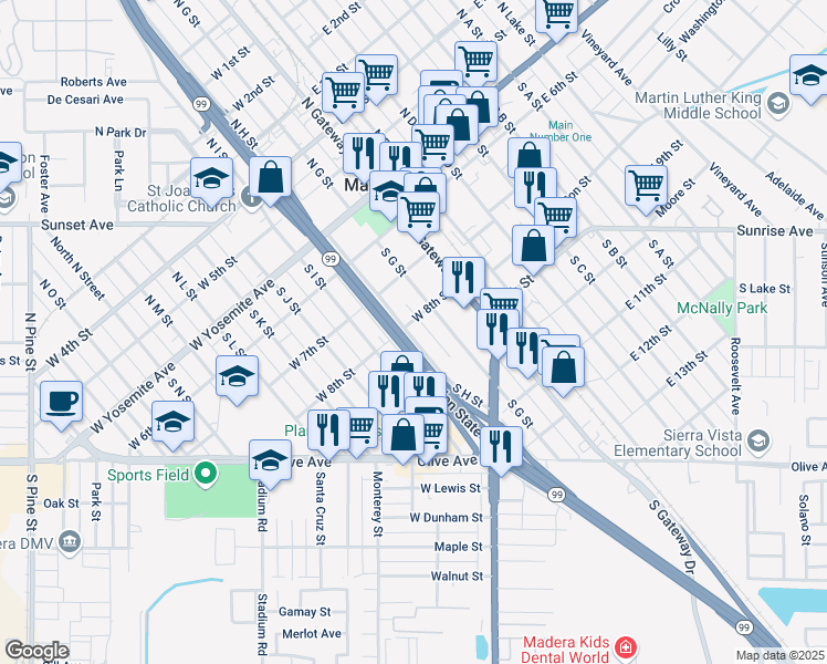 map of restaurants, bars, coffee shops, grocery stores, and more near 412 South G Street in Madera