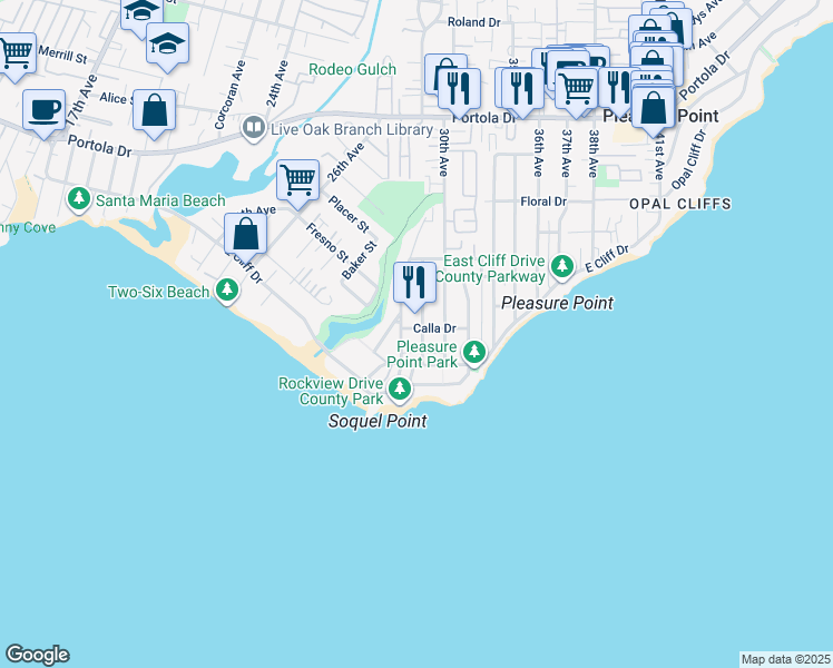 map of restaurants, bars, coffee shops, grocery stores, and more near 2919 Calla Drive in Santa Cruz