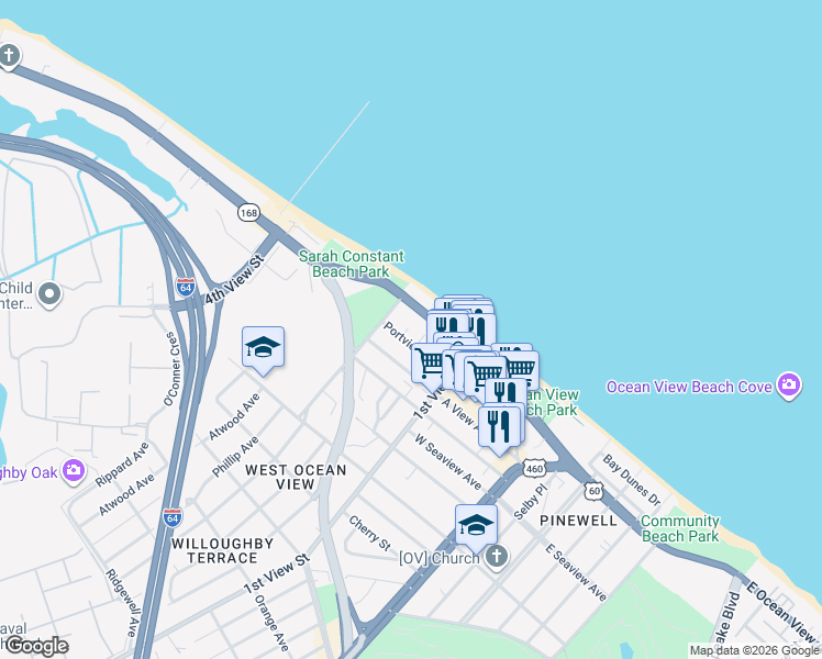 map of restaurants, bars, coffee shops, grocery stores, and more near 245 West Ocean View Avenue in Norfolk