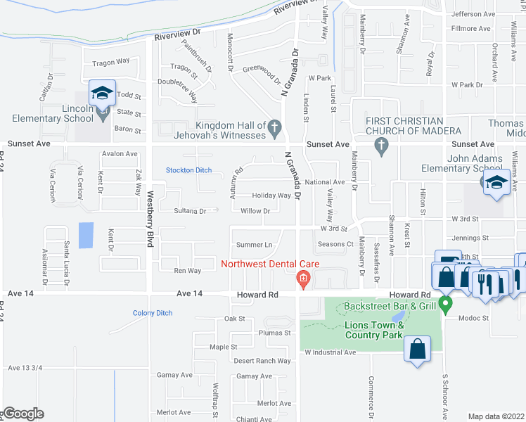 map of restaurants, bars, coffee shops, grocery stores, and more near Willow Dr in Madera