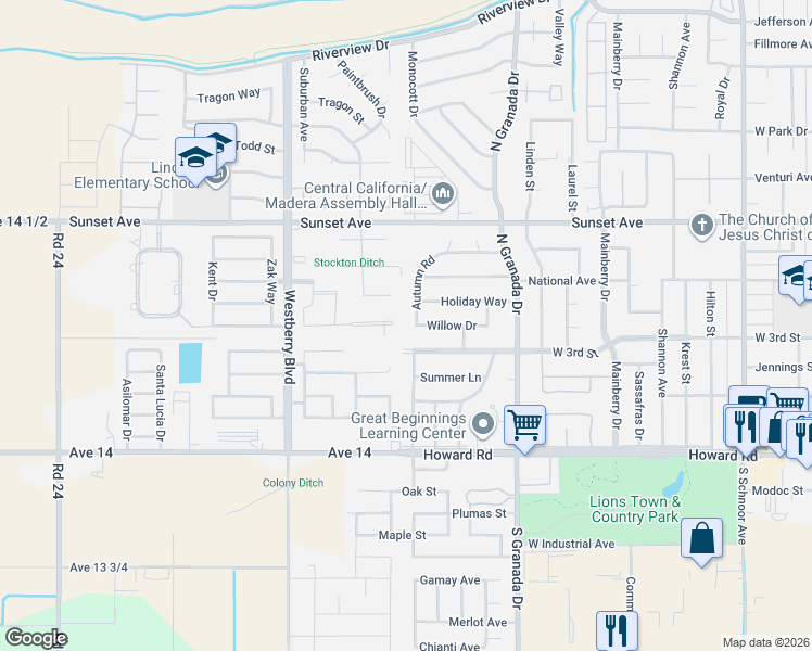 map of restaurants, bars, coffee shops, grocery stores, and more near 405 Autumn Road in Madera