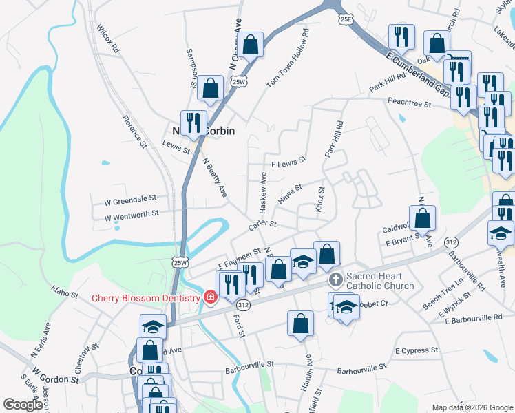 map of restaurants, bars, coffee shops, grocery stores, and more near 65 Haskew Avenue in Corbin