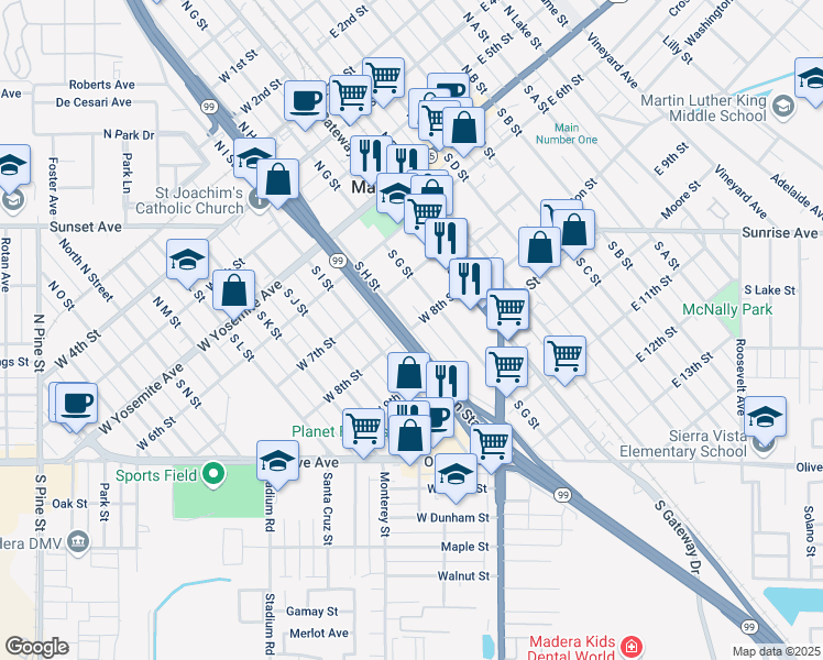 map of restaurants, bars, coffee shops, grocery stores, and more near 400 South H Street in Madera