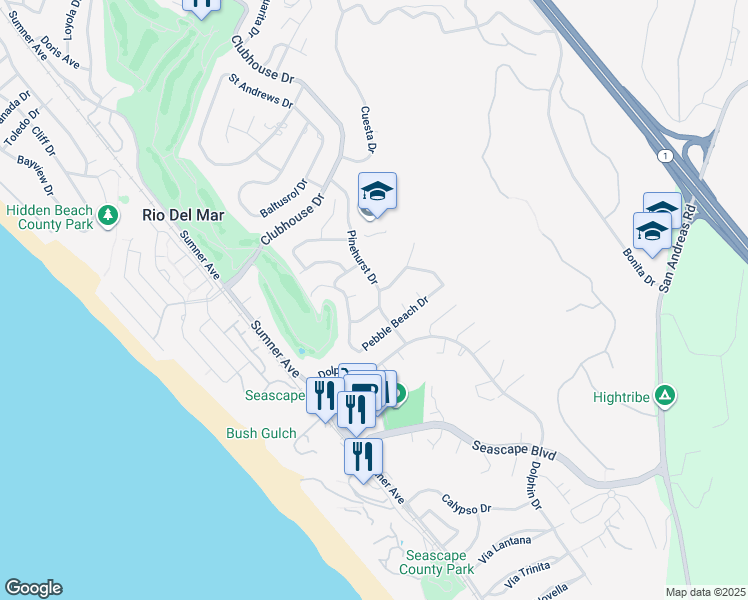 map of restaurants, bars, coffee shops, grocery stores, and more near 1118 Pinehurst Drive in Aptos