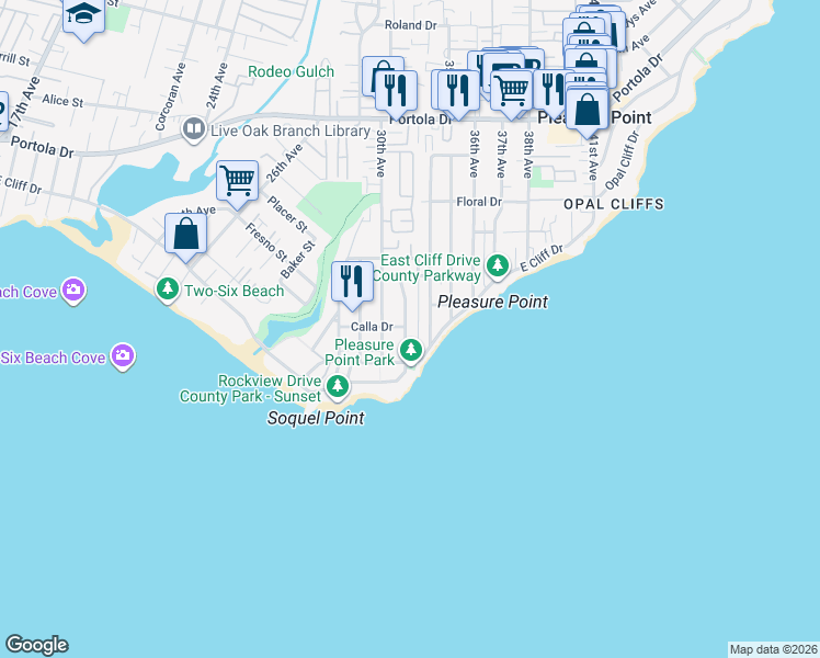 map of restaurants, bars, coffee shops, grocery stores, and more near 3035 Calla Drive in Santa Cruz