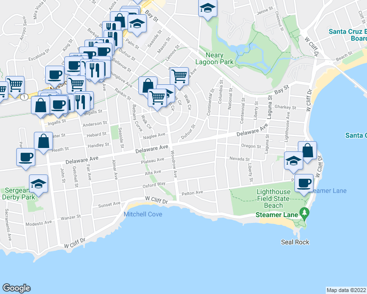 map of restaurants, bars, coffee shops, grocery stores, and more near 1009 Delaware Avenue in Santa Cruz