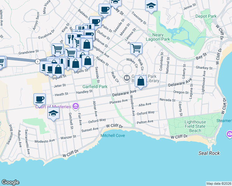 map of restaurants, bars, coffee shops, grocery stores, and more near 107 Algea Street in Santa Cruz