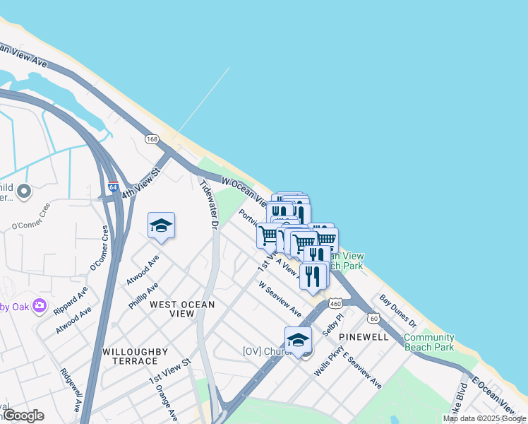 map of restaurants, bars, coffee shops, grocery stores, and more near 245 West Ocean View Avenue in Norfolk
