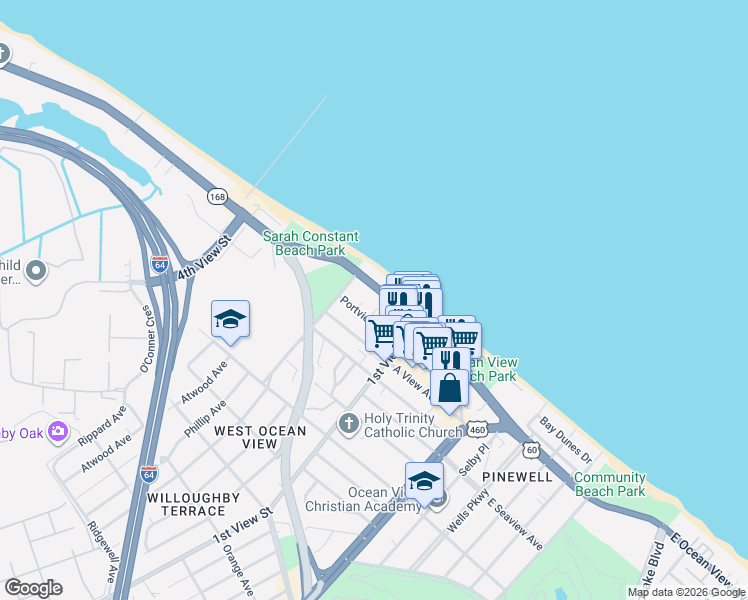 map of restaurants, bars, coffee shops, grocery stores, and more near 245 West Ocean View Avenue in Norfolk