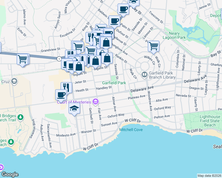 map of restaurants, bars, coffee shops, grocery stores, and more near 103 Handley Street in Santa Cruz