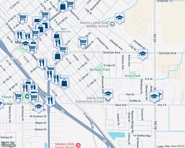 map of restaurants, bars, coffee shops, grocery stores, and more near in Madera