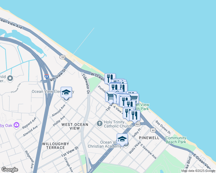 map of restaurants, bars, coffee shops, grocery stores, and more near 245 West Ocean View Avenue in Norfolk