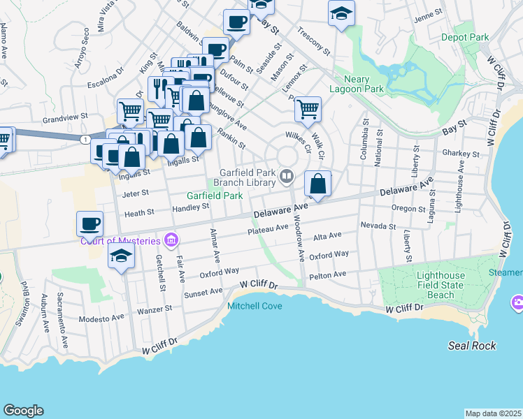 map of restaurants, bars, coffee shops, grocery stores, and more near 107 Algea Street in Santa Cruz