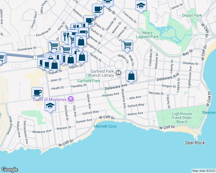 map of restaurants, bars, coffee shops, grocery stores, and more near 1302 Delaware Avenue in Santa Cruz
