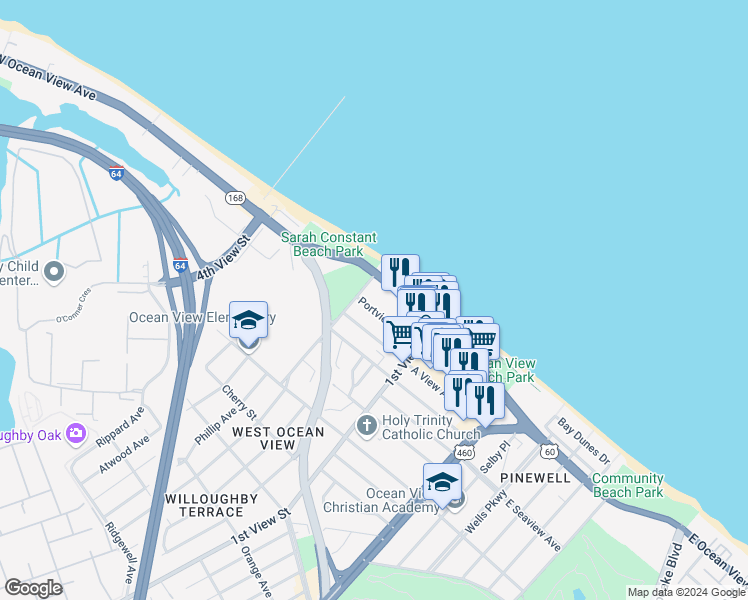 map of restaurants, bars, coffee shops, grocery stores, and more near 262 Portview Avenue in Norfolk