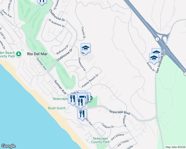 map of restaurants, bars, coffee shops, grocery stores, and more near 120 Cypress Point Ct in Aptos