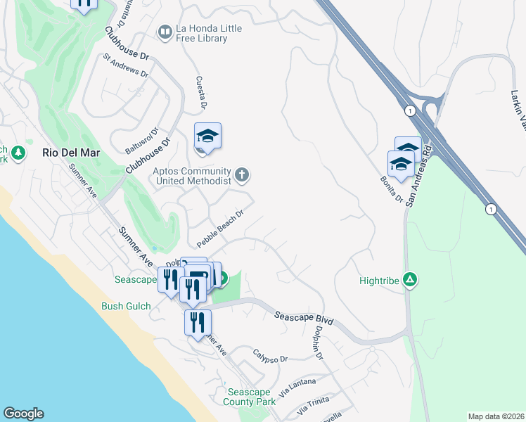 map of restaurants, bars, coffee shops, grocery stores, and more near 207 Driftwood Court in Aptos
