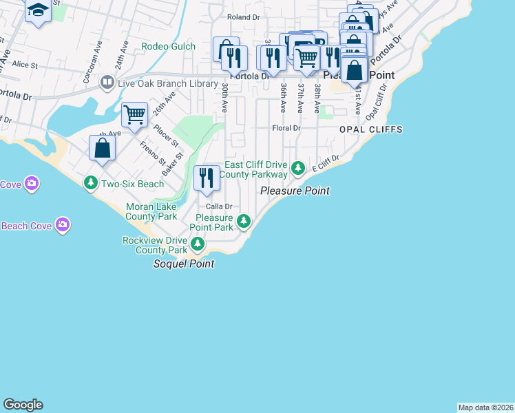 map of restaurants, bars, coffee shops, grocery stores, and more near 23451 East Cliff Drive in Santa Cruz