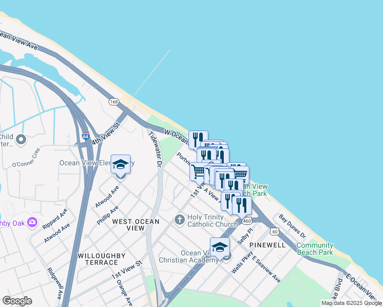 map of restaurants, bars, coffee shops, grocery stores, and more near 251 West Ocean View Avenue in Norfolk