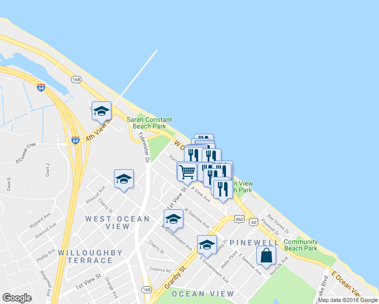 map of restaurants, bars, coffee shops, grocery stores, and more near 238 West Ocean View Avenue in Norfolk