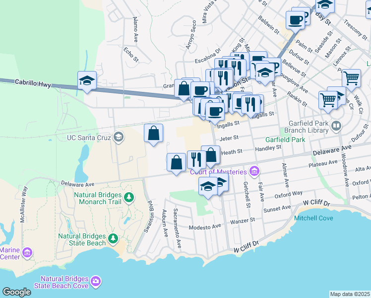 map of restaurants, bars, coffee shops, grocery stores, and more near 300 Panetta Avenue in Santa Cruz