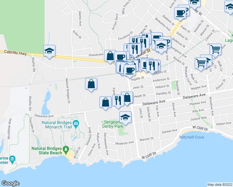 map of restaurants, bars, coffee shops, grocery stores, and more near 300 Panetta Avenue in Santa Cruz