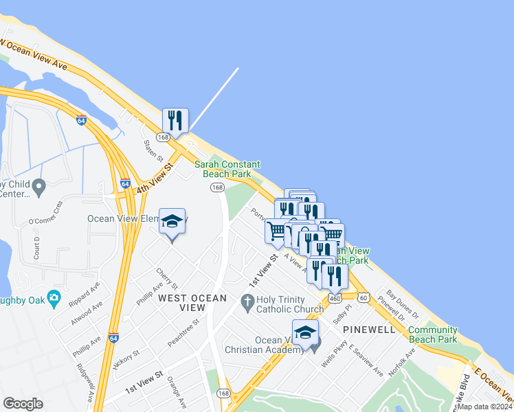 map of restaurants, bars, coffee shops, grocery stores, and more near 262 Portview Avenue in Norfolk