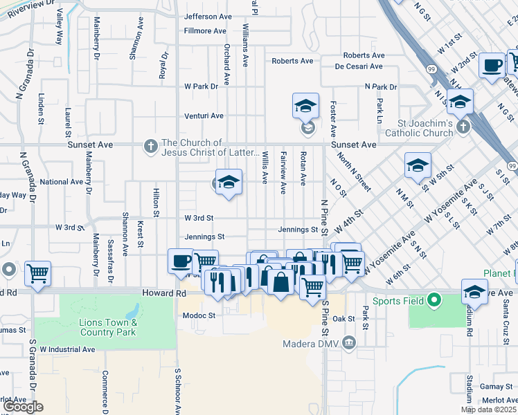 map of restaurants, bars, coffee shops, grocery stores, and more near 410 Willis Ave in Madera