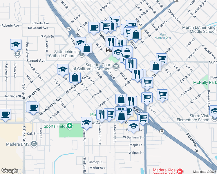 map of restaurants, bars, coffee shops, grocery stores, and more near 301 South I Street in Madera