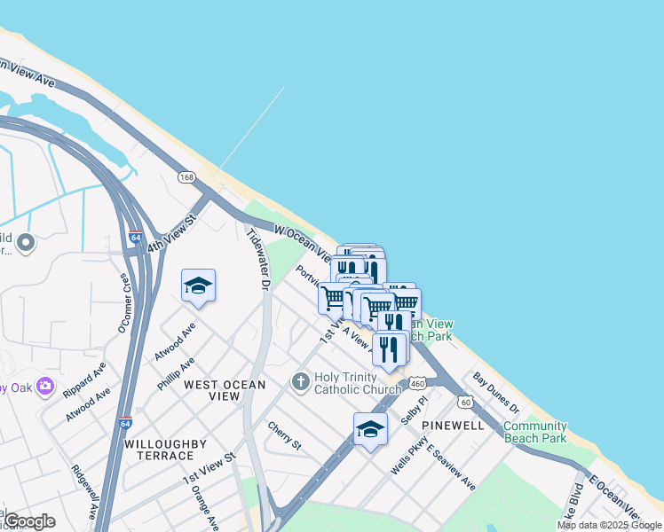 map of restaurants, bars, coffee shops, grocery stores, and more near 245 West Ocean View Avenue in Norfolk