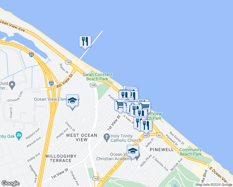 map of restaurants, bars, coffee shops, grocery stores, and more near 245 West Ocean View Avenue in Norfolk