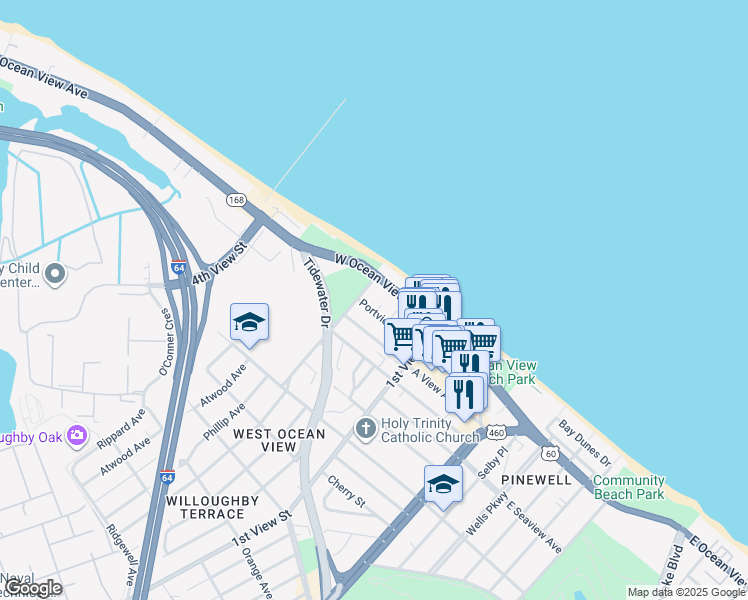 map of restaurants, bars, coffee shops, grocery stores, and more near 260 Portview Avenue in Norfolk