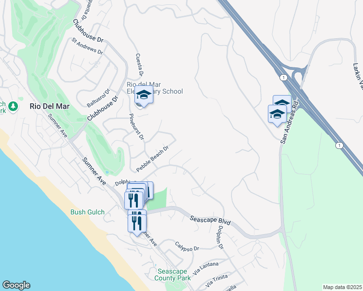 map of restaurants, bars, coffee shops, grocery stores, and more near 207 Driftwood Court in Aptos