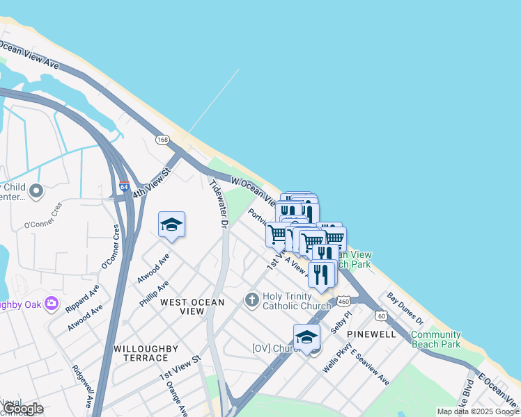 map of restaurants, bars, coffee shops, grocery stores, and more near 258 Portview Avenue in Norfolk