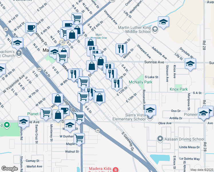 map of restaurants, bars, coffee shops, grocery stores, and more near 615 South D Street in Madera