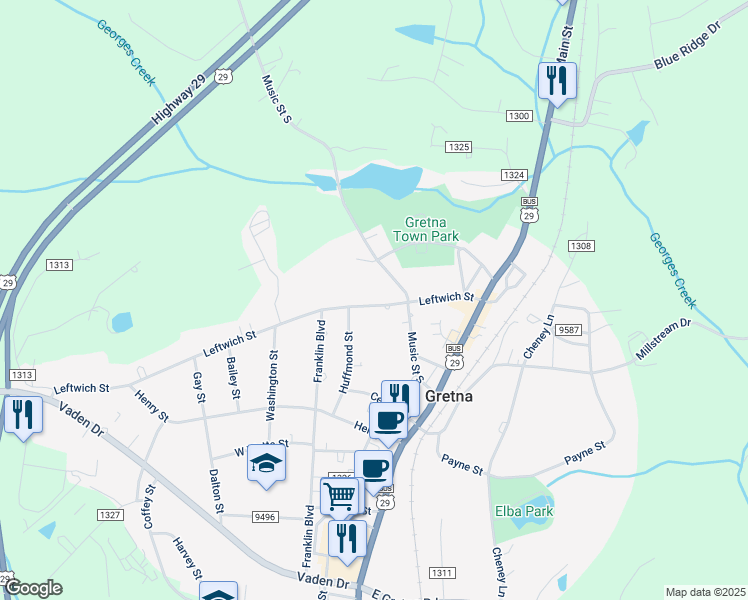 map of restaurants, bars, coffee shops, grocery stores, and more near 210 Leftwich Street in Gretna