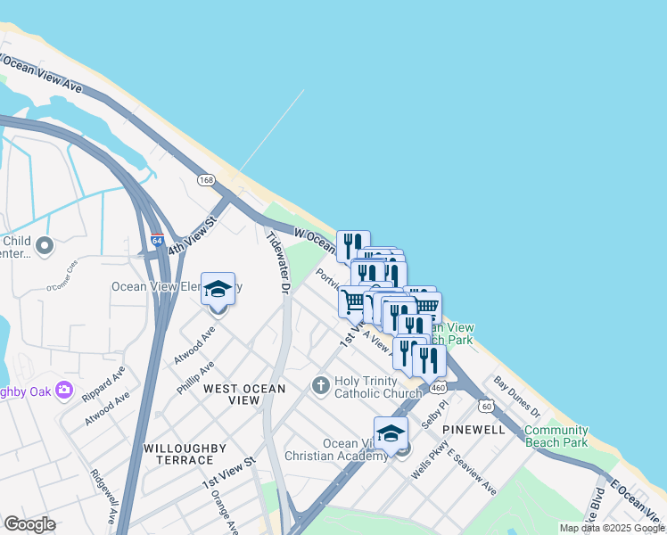 map of restaurants, bars, coffee shops, grocery stores, and more near 256 Portview Avenue in Norfolk