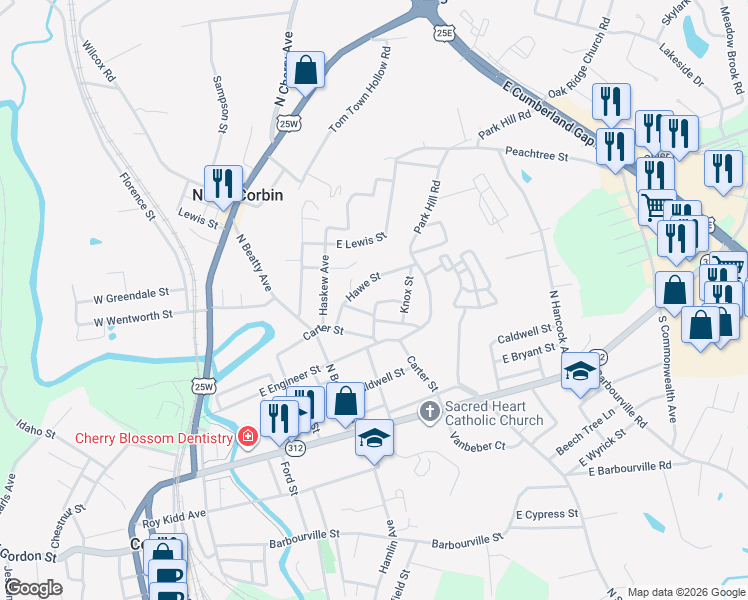 map of restaurants, bars, coffee shops, grocery stores, and more near 77 Hawe Street in Corbin