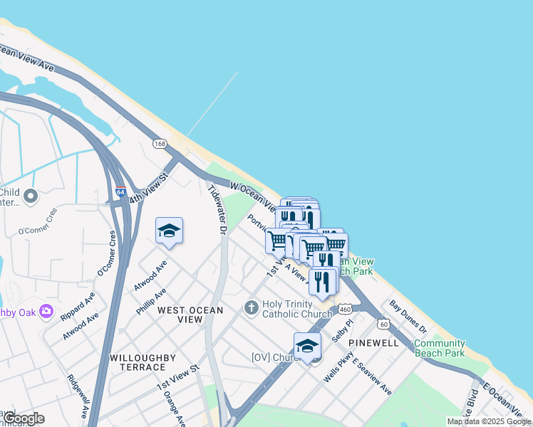 map of restaurants, bars, coffee shops, grocery stores, and more near 255 West Ocean View Avenue in Norfolk