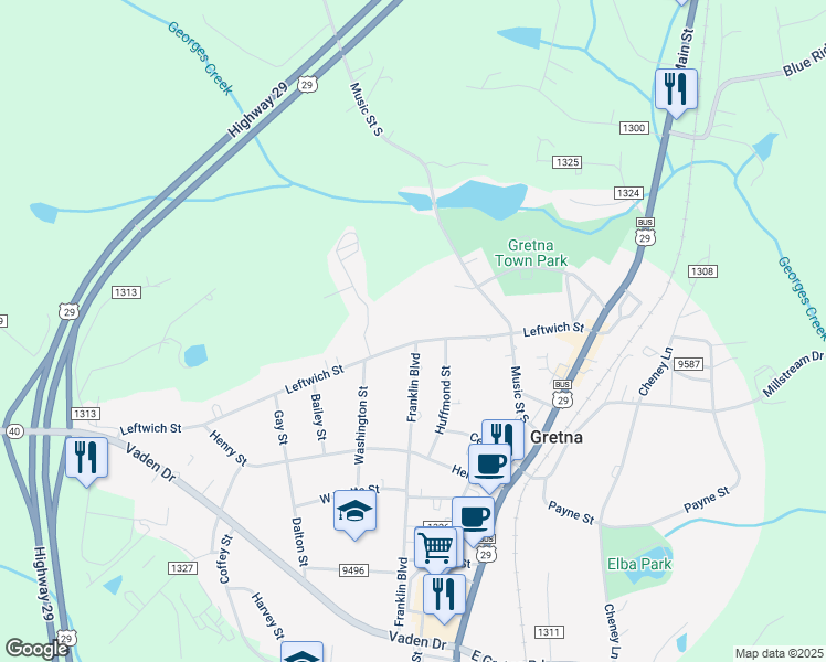 map of restaurants, bars, coffee shops, grocery stores, and more near 304 Leftwich Street in Gretna