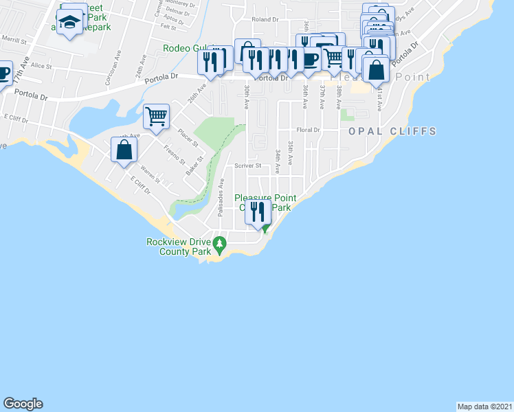 map of restaurants, bars, coffee shops, grocery stores, and more near 3035 Calla Drive in Santa Cruz